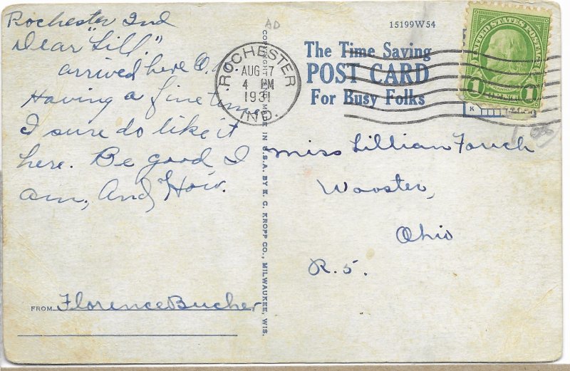 US. Used.  Indiana. Mailed 1931.