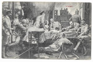 Belgium World War 1 unused Propaganda Postcard L'orgie, Drunk German Sol...