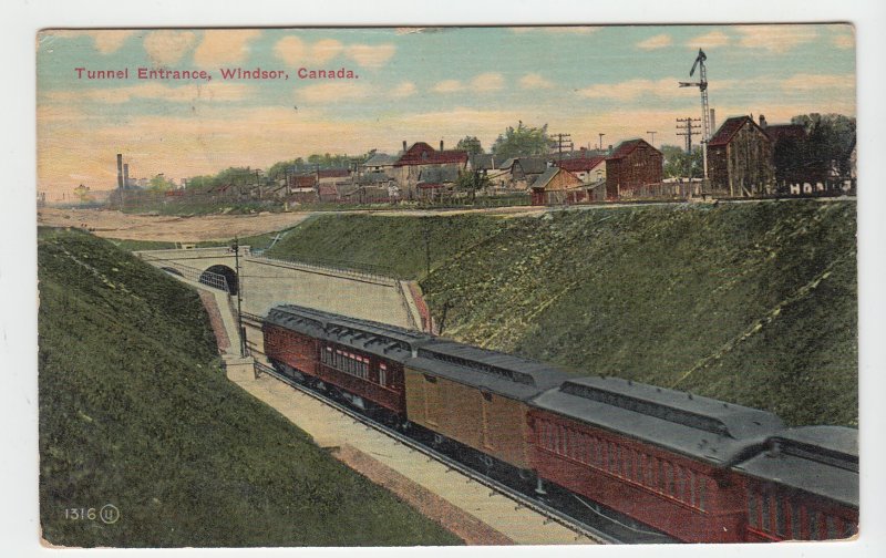 P1980, 1912  R.P.O. postcard old  RR train & tunnel windsor ontario canada view