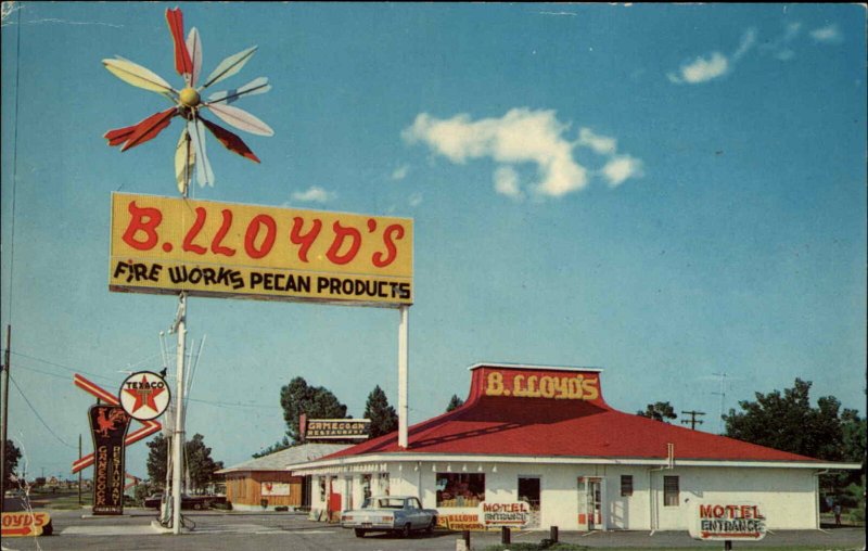 B Lloyd's Fire Works Pecan Texaco Gas Station c1950s-60s Postcard