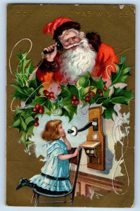 1910 Christmas Santa Claus And Child Telephone Holly Berries Embossed Postcard