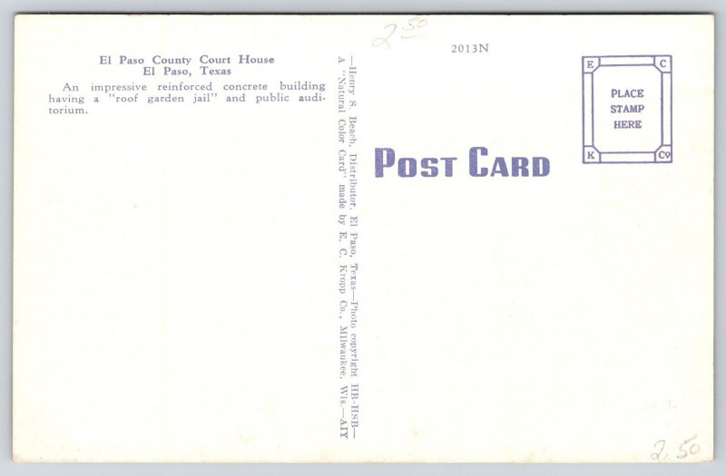 El Paso Texas~County Courthouse St View~Flags~Columns~Beaux-Arts~Linen Postcard
