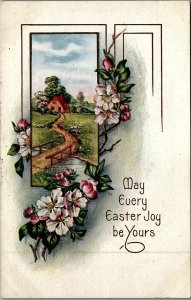 c1910 EASTER JOY FLOWERS COTTAGE STREAM LANDSCAPE WHITNEY MADE POSTCARD 20-154 