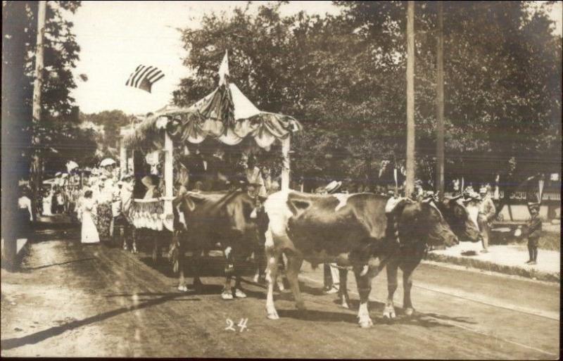 Parade Oxen Drawn Float 1910 Orange MA Written on Back Real Photo Postcard