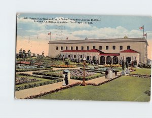 Postcard Formal Gardens and North Side of Southern Counties Building CA USA