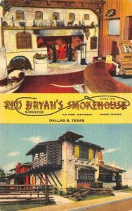 RED BRYAN'S SMOKEHOUSE Dallas, Texas BBQ Roadside c1940s Linen Vintage Postcard