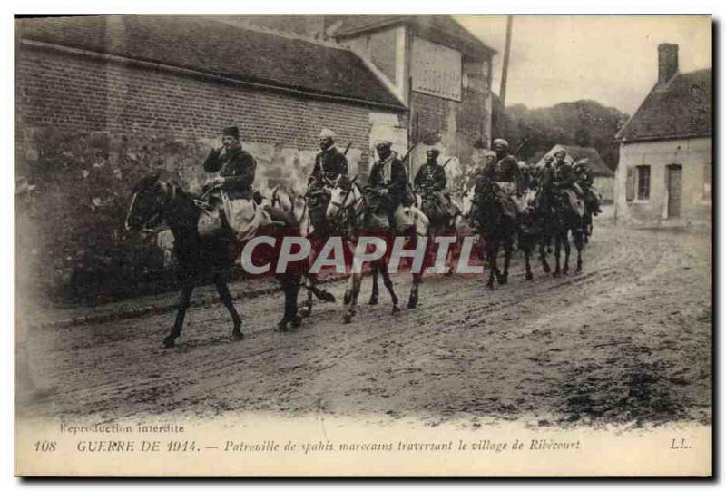 Old Postcard Army Patrol Spahis Moroccans through the village of Ribecourt