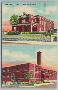Anderson Indiana~City Hall & Armory~1940s Linen Postcard