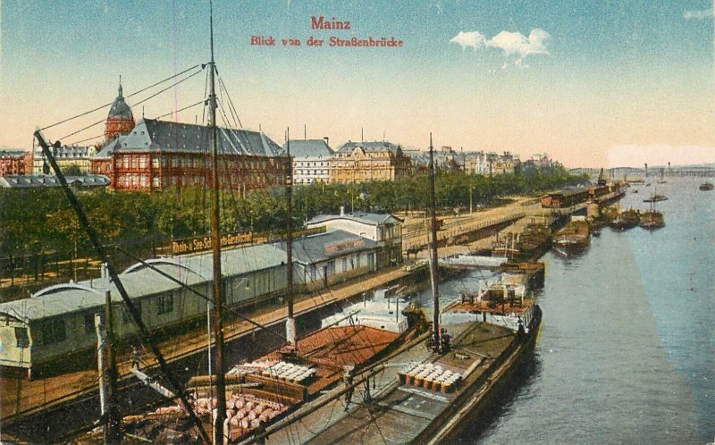 Germany navigation themed postcard Mainz transport barge pier dock