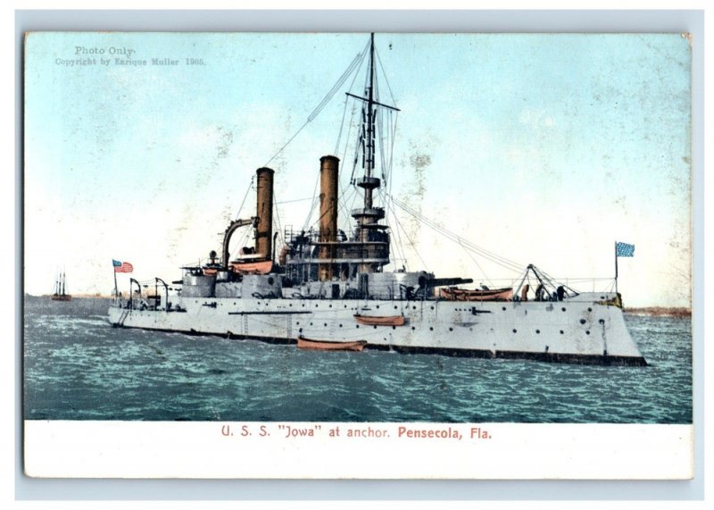 C.1905 Great White Fleet U.S.S. Jowa  At Anchor Pensacola, FL Postcard F168