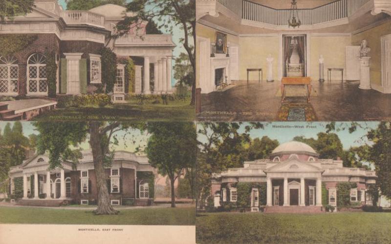 (4 cards) Hand-Colored Views of Jefferson Home - Monticello VA, Virginia