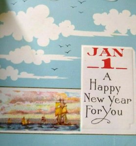 New Year Postcard Seagulls Bells Pirate Ships Embossed Vintage Saline Michigan