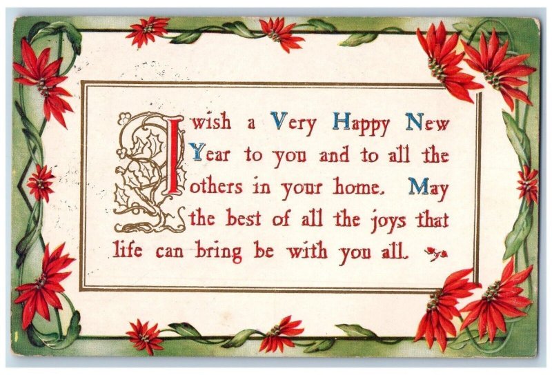 Earlham Iowa IA Postcard New Year Message Poinsettia Flowers Embossed 1910