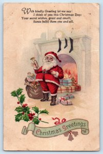 c1910's Christmas Greetings Santa Claus Fireplace Taylorsville NC Postcard