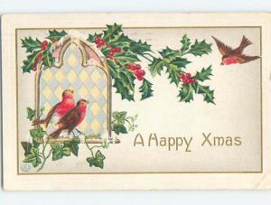 Pre-Linen christmas BIRD FLIES TOWARD OTHER BIRDS IN THE CHURCH WINDOW hr2759