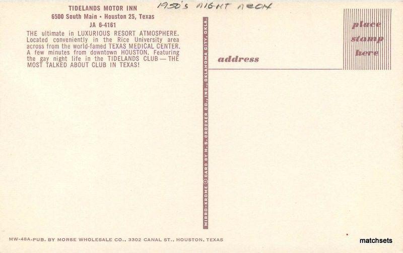 1950s Night Neon Tidelands Motor Inn Houston Texas Crocker postcard 13417