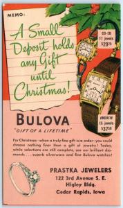 CEDAR RAPIDS, Iowa IA   Advertising PRASTKA JEWELERS ~ BULOVA Watches Postcard