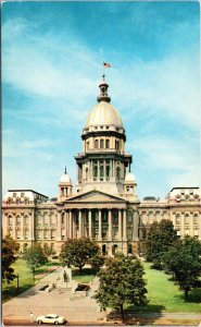 Illinois State Capitol Springfield IL Exterior Old Car Postcard Plastichrome VTG 