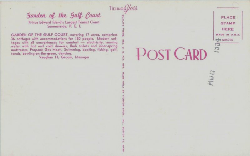 Summerside PEI Canada Garden of the Gulf Court 1954 Chrome Postcard Unused