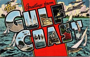 Postcard AL Greetings from the Gulf Coast LARGE LETTER Sailboats 1940s V172