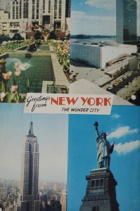 NY Greetings Rockefeller Center UN Empire State Statue of Liberty Postcard