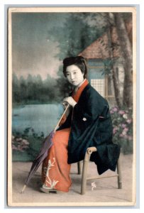 Studio Portrait Giesha Woman Traditional Dress Pre War Japan UNP Postcard O16