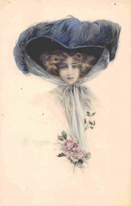 Beautiful Lady Large Blue Feather Hat Artist Unsigned 1910c postcard