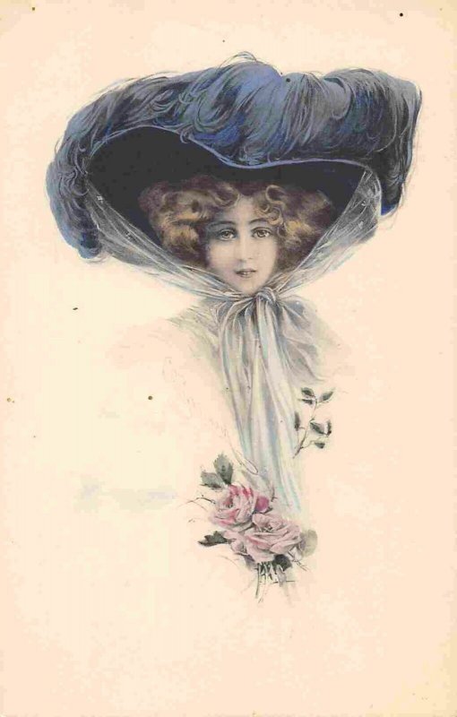 Beautiful Lady Large Blue Feather Hat Artist Unsigned 1910c postcard
