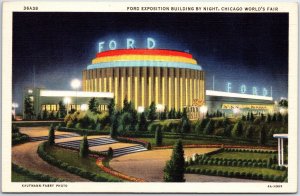 VINTAGE POSTCARD THE FORD EXHIBITION AT NIGHT AT CHICAGO WORLD'S FAIR 1933