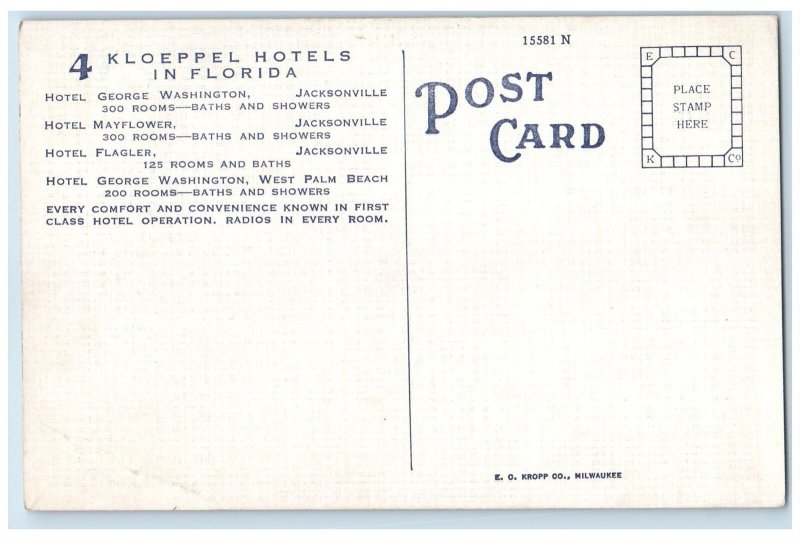 c1940's Kloeppel Hotels Exterior Jacksonville & West Palm Beach Florida Postcard