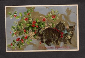 Christmas Greetings Cats Kittens Animals Basket Flowers Postcard