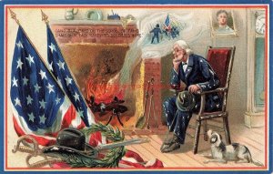 Patriotic, Man at Fireplace, US Flags, Dog, Rapheal Tuck, Embossed