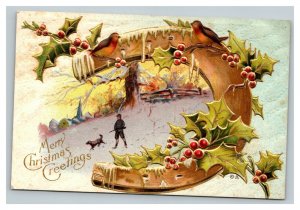 Vintage 1900's Christmas Postcard Embossed Gold Horseshoe Birds Holly Berries