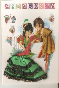 Andalucia. Señorita and BullfigjhterSpanish silk embroidered postcard. Size 1