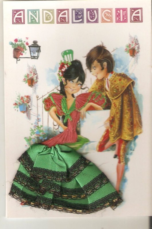 Andalucia. Señorita and BullfigjhterSpanish silk embroidered postcard. Size 1