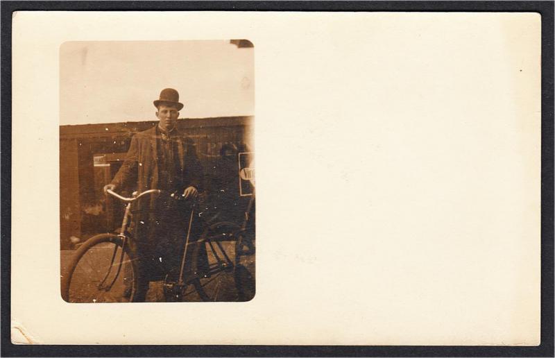 Young Man in Bowler Hat with Bicycle RPPC Real Photo Postcard 1900s-1910s