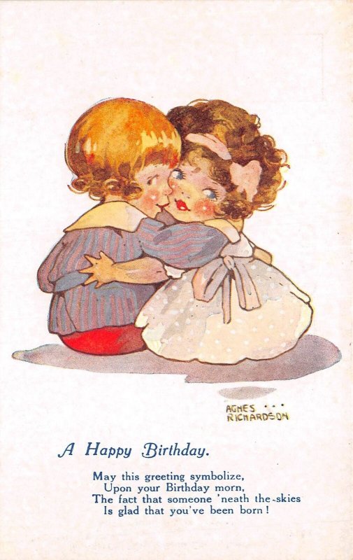 Lot327 birthday greetings agnes richardson boy and girl hugging uk artist signed