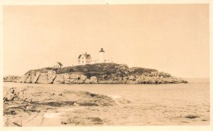 York Beach ME Nubble Light Shore Scene, in 1915, Real Photo Postcard