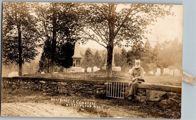 RPPC Man Sitting on Graveyard Wall Worthington MA Cemetery Vintage Postcard X16