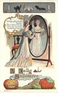 Embossed Halloween Postcard Lounsbury 2052 4 Woman Looks For Husband in Mirror