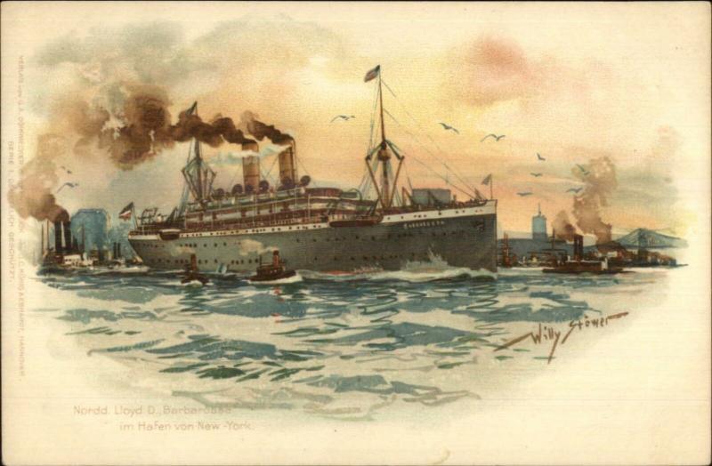 Nordd Lloyd Bremen Steamship SS Barbarossa New York City Harbor STOWER c1900