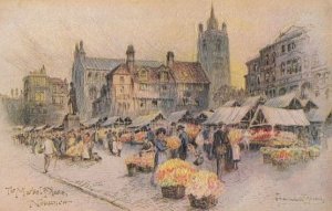 Flower Stalls at Norwich Market Antique 3d Raised Effect 1900s Oilette Postcard