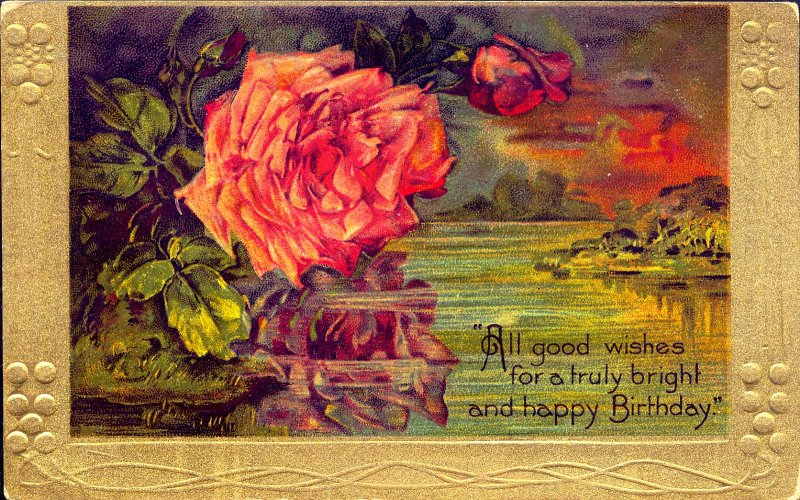 Birthday~GORGEOUS PINK ROSE AT SUNSET LAKE~GOLD Emb~Antique GEL Postcard~Germany