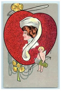 c1910 Cupid Art Nouveau Flowers Victorian Woman Valentines Day Antique Postcard