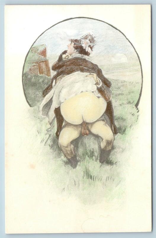 Postcard French Risque Man Woman Nude Action Cartoon Big Butt in Field Q16