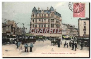 Beziers Old Postcard Square of the Republic (tram)