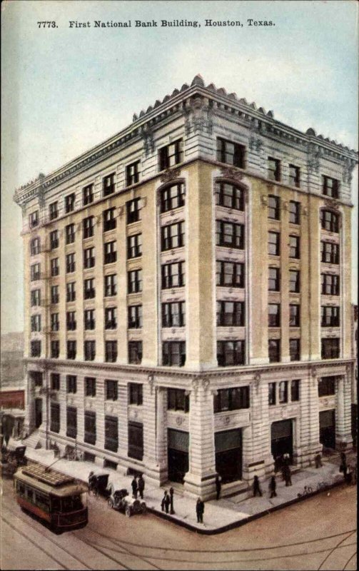 Houston Texas TX First National Bank Trolley c1910 Vintage Postcard 