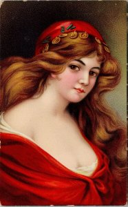 Portrait of Young Woman in Red Glamour Pretty Unused BB London H1 Postcard G69