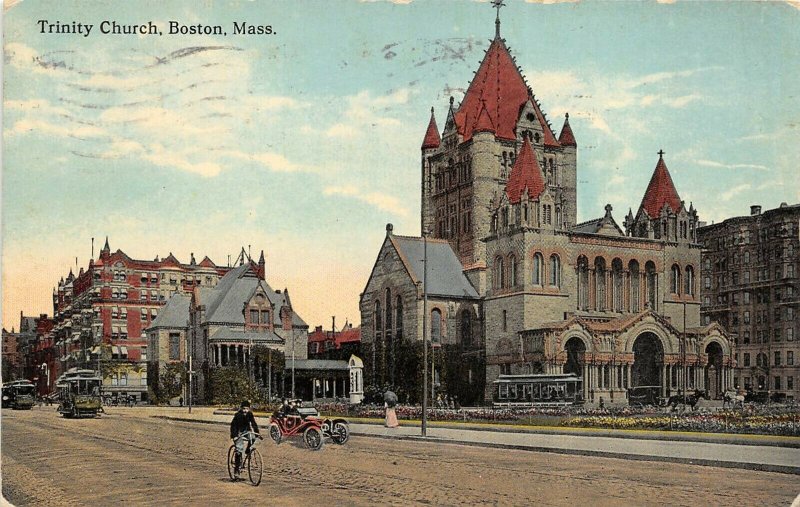 Boston Massachusetts 1916 Postcard Trinity Church Streetcar Bicycle