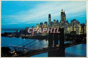 Postcard Modern New York Nightfall in Lower Manhattan With Brooklyn Bridge